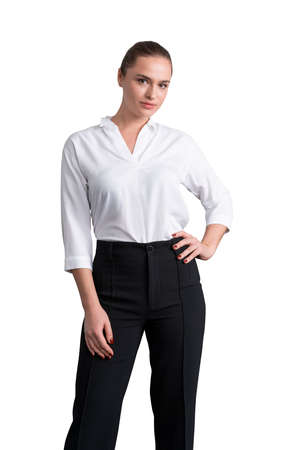 Attractive confident young business woman isolated over white background