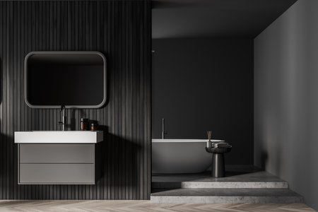 Bathroom interior with tub and sink with mirror on parquet and podium with concrete floor. Minimalist gray room with modern furniture, front view, 3D rendering no peopleの写真素材