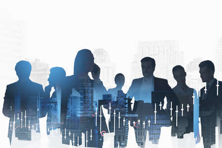 Businesswoman calling on the smartphone, silhouettes of working business people on skyscrapers background. Stock market changes and business candlesticks forex bar chart. Concept of tradingの写真素材