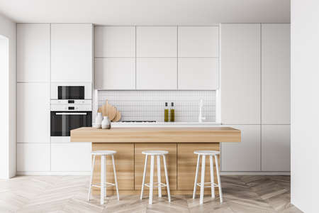 Light kitchen room with table and three bar chairs, front view, wooden floor. Cooking set interior...