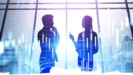 Silhouettes of two business people conversation, market and candlesticks dynamics. Double exposure...