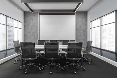 Wooden meeting room interior with black armchairs and projection screen, black parquet floor. Office...