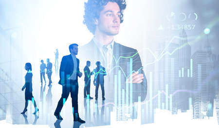 Office man standing in black suit, business people teamwork and forex stock market lines and bar changes with pie chart and numbers. Concept of trading and profitの写真素材