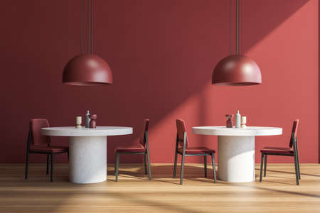 Dining room interior in bright public cafe, row of round tables and chairs on parquet floor, minimalist design of restaurant. Elegant eating room with modern furniture, 3D rendering no peopleの写真素材