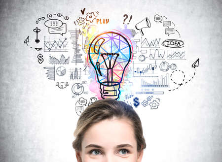 Woman pensive look, eyes and forehead. Lightbulb drawing with network, graphs and financial analysis...