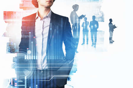 Office man standing in black suit, double exposure of business buildings and teamwork, forex stock market lines and bar, digital hologram and icons, candlesticks changes. Concept of financial companyの写真素材