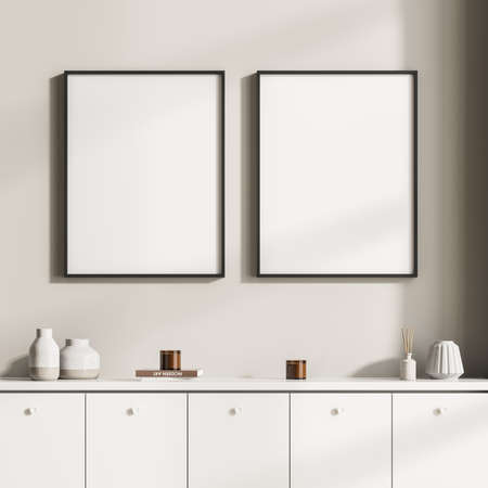 Modern design home interior of living room with commode. Mock up frame two posters for painting on...