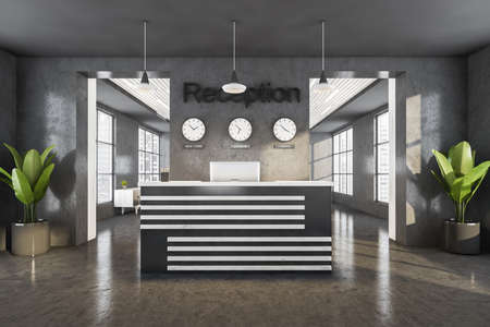 Gray reception room interior with computer, clocks on the wall. Reception entrance with office desk,...