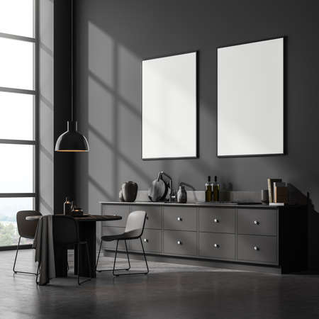Eating room interior with black chairs and table with dishes, side view, concrete floor. Gray wooden...