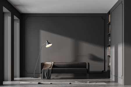 Modern home interior with dark gray couch concrete floor, panoramic windows. Empty mock up gray...