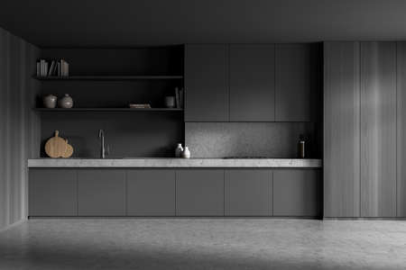 Dark gray kitchen interior, minimalist modern cooking room with wooden design and concrete floor, sink, dishes and cutting board, 3D rendering no peopleの写真素材