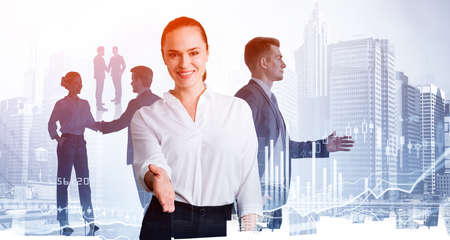 Office woman with extended hand. Agreement with business partners, stock market chart with rising...