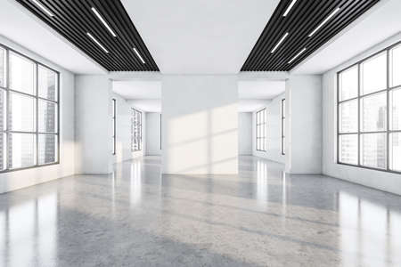 White and wooden large empty office room in business center with windows. White hall, large space with no furniture, 3D rendering no peopleの写真素材
