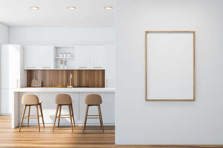 White bar counter with beige stools standing in modern kitchen with white and wooden walls, wooden...
