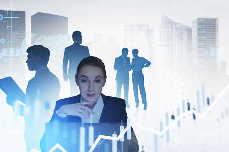 Office woman with device, rising arrows and candlesticks. Teamwork with partners, digital icons and...