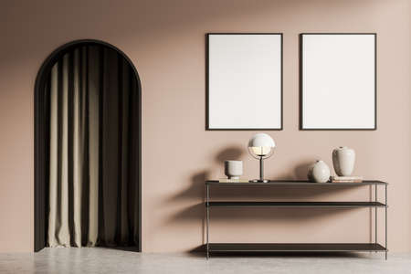 Classic tender pink pearl living room interior with wooden floor, cabinet and two vertical mock up banners. Beige curtain hanging in arched doorway. 3d renderingの写真素材
