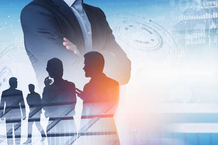 Businessman standing in black suit with crossed arms pose, double exposure of business buildings and...
