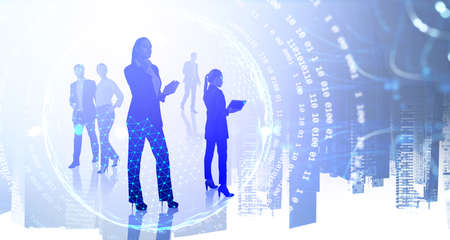 Silhouette of business people working on virtual office space. Hologram globe and numbers over...