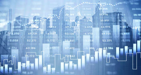 Digital HUD financial graph interface in blurry city. Stylish background. Concept of stock exchange...