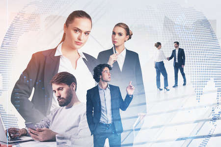 Businessman and businesswoman, double exposure of skyscrapers and digital network map hologram....