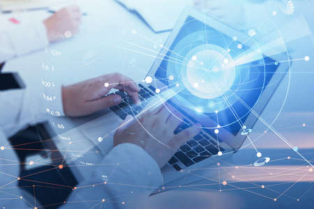 Office man hands typing on laptop keyboard, earth sphere with data information, circuit and lines....