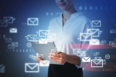 Young office woman using electronic device, double exposure of inbox e-mails and programming code....