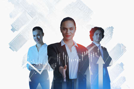 Portrait of three successful young business people working together in blurry abstract city. Concept of leadership and teamwork. Toned image double exposureの写真素材
