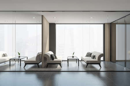 Interior of two office waiting rooms with gray and wooden walls, glass doors and comfortable white...