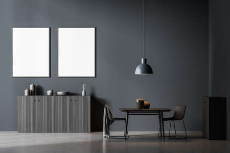 Modern living room interior with two seats on concrete floor, drawer with decoration. Minimalist reading art room on gray floor. Mockup canvas two frames, 3D renderingの写真素材