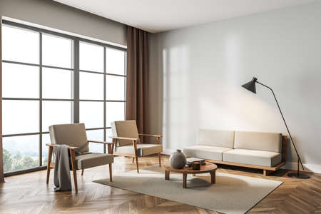 Modern living room interior with two chairs and couch on parquet floor, lamp and window on...