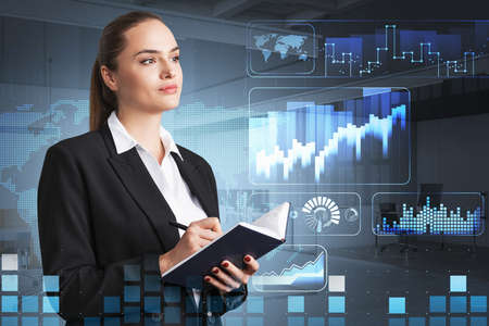 Office woman in suit writing in business book. Stock market changes, earth map and data information...