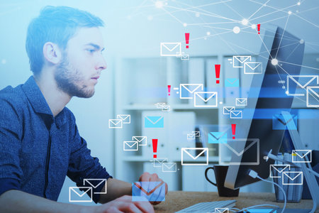 Young man profile working in office with computer, many inbox emails and network online connection....