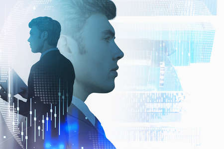 Side view of young European businessman in blurry city with double exposure of immersive HUD...