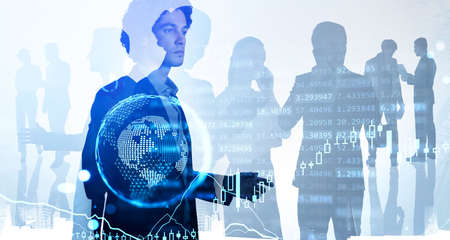 Office man in black suit, double exposure of teamwork, forex stock market lines and earth sphere,...
