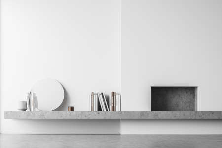 White empty living room interior with concrete fireplace and gray floor. Mockup blank wall banner in...