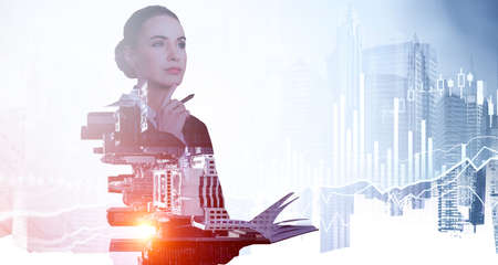 Office woman with notebook in hands, pensive look. Skyscrapers and stock market bar dynamics and...