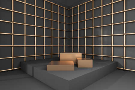 Corner of room with gray walls, bronze pipeline and bronze product placement platforms for art objects, cosmetics and jewelry. Exhibition, marketing and advertising concept. 3d rendering mock upの写真素材