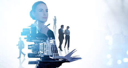 Businesswoman with notebook, pensive look, business people conversation, double exposure, people and city buildings. Concept of business partners and network in companyの写真素材