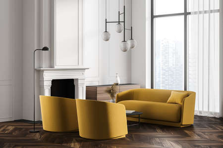 Classic white living room, office lounge or home library interior with two yellow armchairs, sofa...
