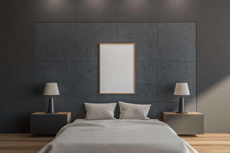 Dark bedroom interior with gray bed and linens, parquet floor and coffee tables with lamps. Mockup...