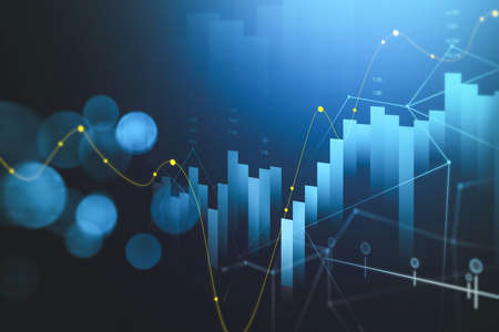 Futuristic financial interface with graphs and futuristic elements over dark blue background. Concept of technology, economics and financial analysis. 3d renderingの写真素材