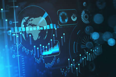 Immersive global financial interface with graphs and futuristic elements. Concept of technology, economics and financial analysis. 3d renderingの写真素材
