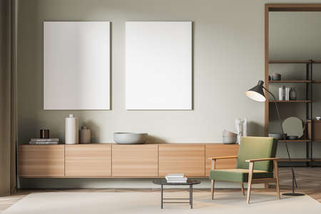 Reading art room interior with wooden commode with books and vase, green armchair and coffee table...