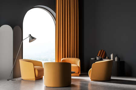 Gray room interior with four orange seats on concrete floor. Relaxing room with minimalist...