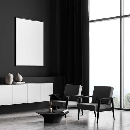 Stylish scandinavian composition of modern living room interior with two design armchair, white mock up framed poster, wooden stool, concrete floor. Panoramic window. No people. 3d renderingの写真素材