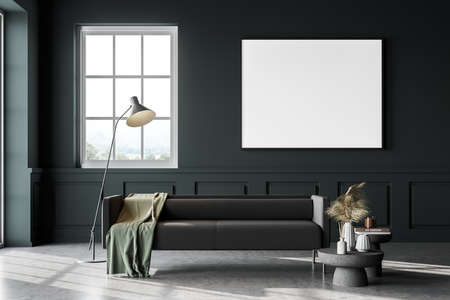 Interior of stylish living room with white walls, wooden floor, long white sofa, two round coffee tables and horizontal mock up poster. Window with blurry view. 3d renderingの写真素材