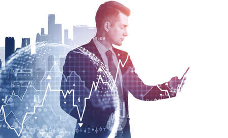 Side view businessman who checking stock market rates in smartphone. Hologram charts. Business and...