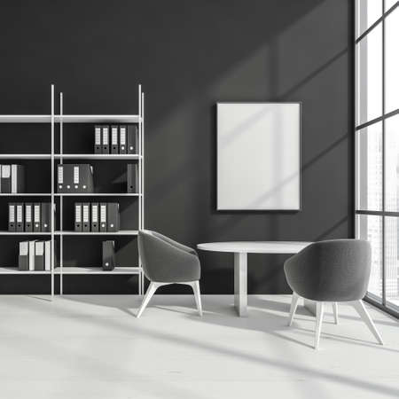 Modern blank office room interior with design armchair and white round table, panoramic window, mock...