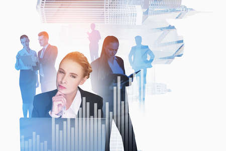 Double exposure of business people working at abstract office. Businesswoman holding hand on chin,...