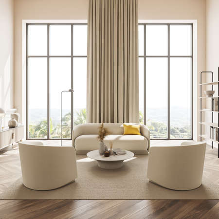 Beige modern design living room interior. Panoramic view from the window. Front image of the...
